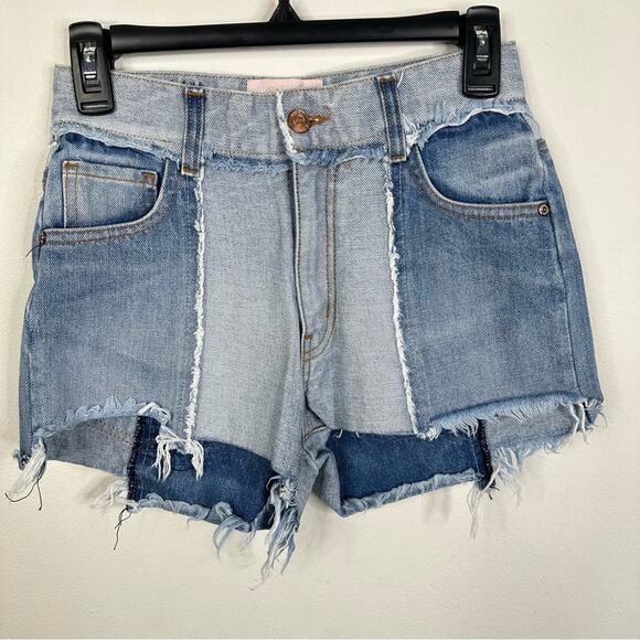 Revice Ziggy High Waisted Patchwork Frayed Denim Cut-Off Jean Shorts Size 26 - Picture 5 of 8